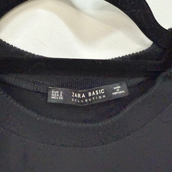 Zara Basics Collection Black Crew Neck Asymmetrical Scallop Hem Black Top S - Picture 2 of 5